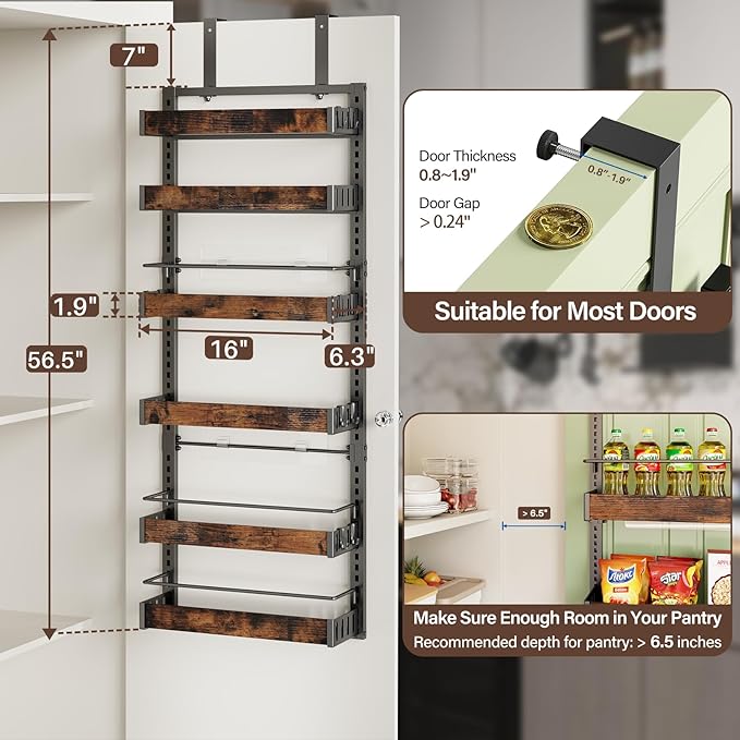 6 Tier Over The Door Pantry Organizer, 2 IN 1 Wall Mount or Metal Hanging Spice Rack for Pantry Organizers and Storage, Seasoning Shelves，Adjustable Basket with Hooks for Kitchen, Bathroom,Laundry-CasaMuseHome