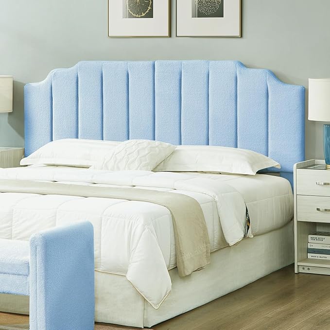 24KF Light Blue Teddy Fabric Tufted King Upholstered Headboard, Modern Vertical Channel Design California King Headboard with Stepped Silhouette Top Edge,6026-K-Teddy Light Blue-CasaMuseHome
