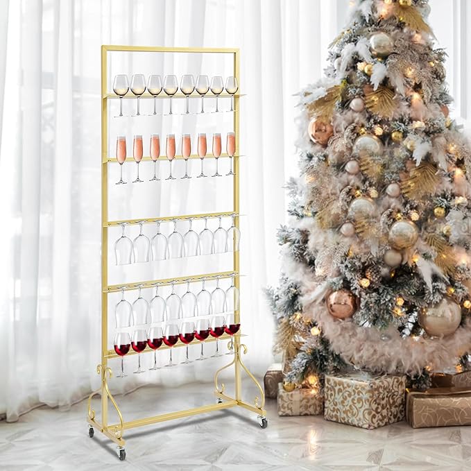 40 Slots Champagne Holder Stand for Party, Wine Glass Display Wall Holder, Stable Wine Glass Stemware Rack for Bar, Wedding, Party (Gold)-CasaMuseHome