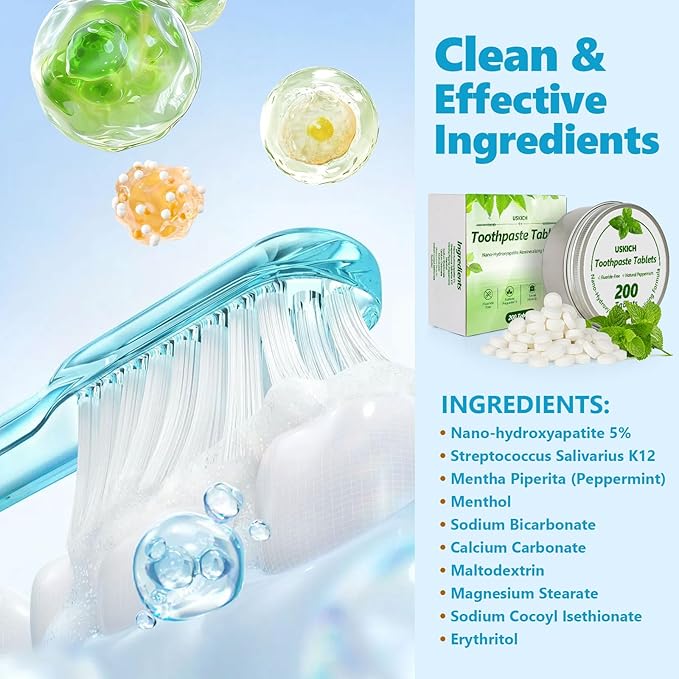 200 Pcs Toothpaste Tablets - Nano Hydroxyapatite Natural Whitening, Reduce Sensitivity,Fluoride & Plastic Free, Eco Friendly & Travel Mouthwash Tablets-CasaMuseHome