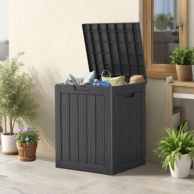 28 Gallon Outdoor Storage Box, Waterproof Durable Resin Deck Box for Indoor & Outdoor Use, Lockable Outdoor Bench, Deck Bin for Patio Furniture, Deliveries, Pool Supplies, Black-CasaMuseHome