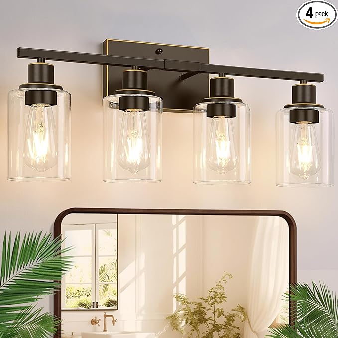 4 Light Bathroom Light Fixtures, Oil-Rubbed Bronze Modern Vanity Lights with Clear Glass Shades, Bathroom Wall Lamp for Mirror Living Room Cabinet-CasaMuseHome