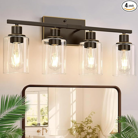 4 Light Bathroom Light Fixtures, Oil-Rubbed Bronze Modern Vanity Lights with Clear Glass Shades, Bathroom Wall Lamp for Mirror Living Room Cabinet-CasaMuseHome