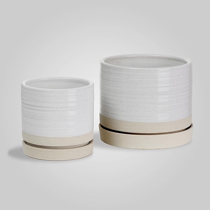 6 + 8 Inch Plant Pots, Ceramic Planter Pot with Drainage Hole & Saucer, Indoor/Outdoor Cylinder Round Planter Pot, Cream & Beige-CasaMuseHome