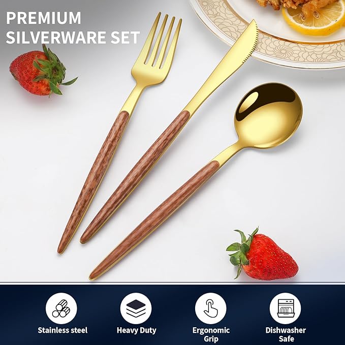 16 Pcs Gold Silverware Set with Simulated Wooden Handle for 4,Stainless Steel Cutlery Set,Mirror Polished Tableware Utensils Flatware Set,Include Knives Spoons and Forks set,Dishwasher Safe-CasaMuseHome