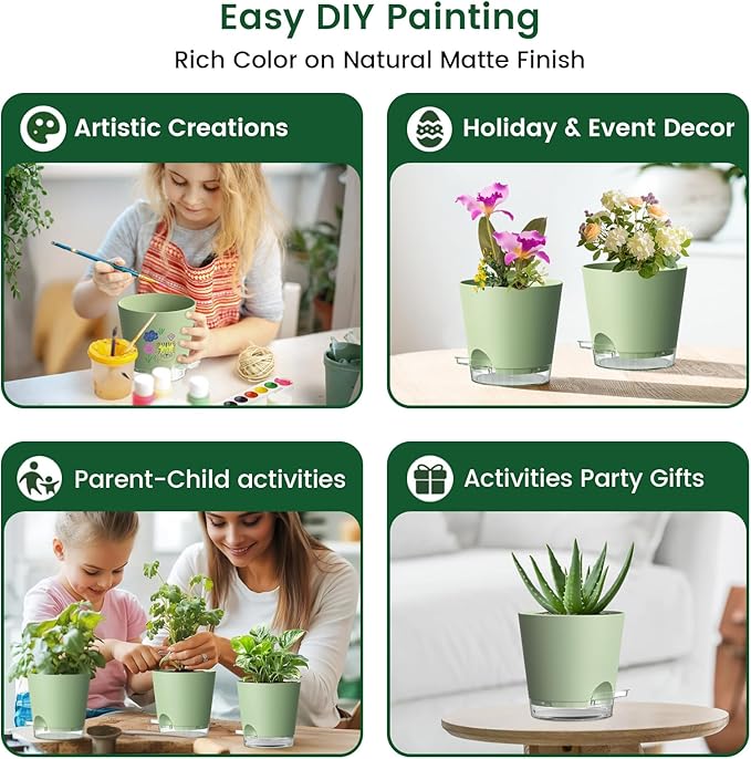 6 inch Self Watering Pots for Indoor Outdoor Plants, 3 Pack Flower Plant Pots with Drainage Holes and Clear Reservoirs, Visible Water Level, Plastic Planters with Wicking Rope, Green-CasaMuseHome