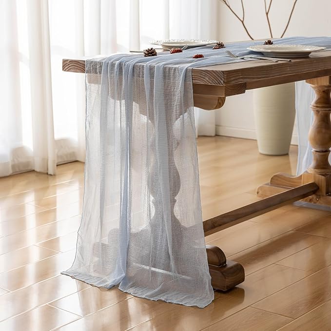 3pcs Light Blue Gauze Rustic Cheesecloth Table Runner 120 Inch 10 FT for Wedding Baby Shower Bridal Shower Birthday Engagement Garden Outdoor Party Long Sheer Boho Decorations-CasaMuseHome