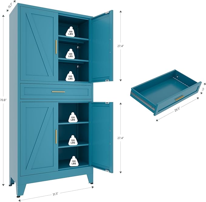 71 "Farmhouse Metal Filing Cabinet with a Drawer and 4 Adjustable Shelves, with 4 Large barn Door White Kitchen Cabinets, Metal Food Cabinets for Home, Kitchen, Dining/Living Room (Peacock Blue)-CasaMuseHome