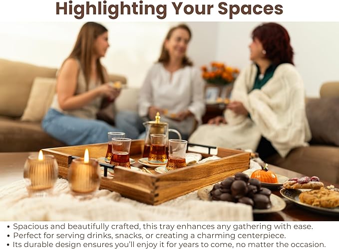 Acacia Wooden Ottoman Tray for Living Room – 21" Large Coffee Table Serving Tray with Handles & 6 Coasters Set, Perfect for Food, Drinks, Kitchen, and Home Decor-CasaMuseHome