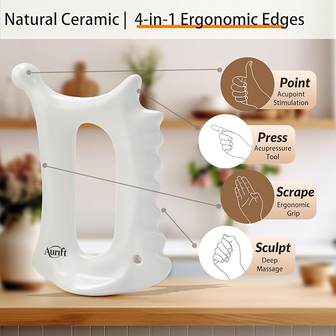 6-in-1 Ceramic Gua Sha Tool for Face & Body - Manual Facial Massage for Lymphatic Drainage, Jaw Lifting, Puffiness Care, Neck Massage for Stress Relief at Home, Self Care Gift for Mum Wife White-CasaMuseHome