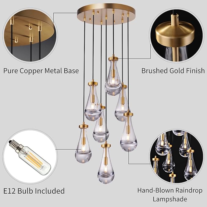 7 Light Raindrop Chandeliers, Brass Teardrop Cluster Pendant Lights Kitchen Island, Gold Dining Room Chandeliers Over Table Hanging Pendant Lighting for High Ceiling, Entryway Staircase-CasaMuseHome