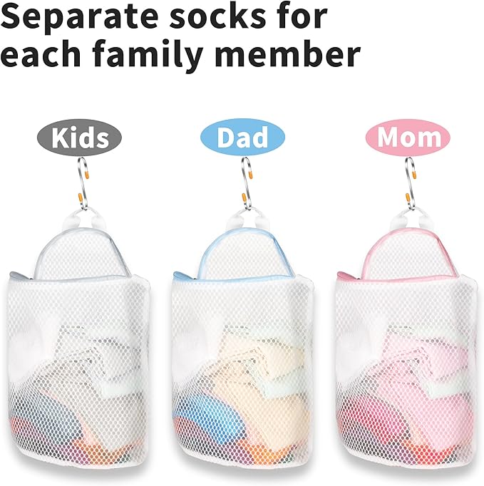 3Pcs Hanging Laundry Bags for Socks with S Hooks, 3 Color Mesh Laundry Bags for Washing Machine-CasaMuseHome