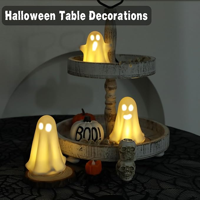 3 Pack Halloween Ceramic Ghost Decor, Light Up Ghost Halloween Decor, Cute Ghost Figurines for Table Tray Fireplace Home Indoor Decoration-CasaMuseHome