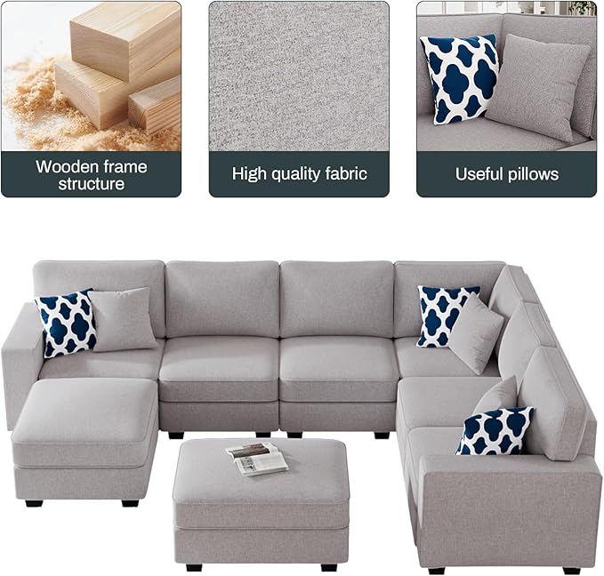 L Lengend Vansen Modular Sectional Sofa U Shaped Couch with Ottoman Modern Reversible Corner Sectional Couch for Living Room (Light Grey, U Shaped Sofa-3)-CasaMuseHome