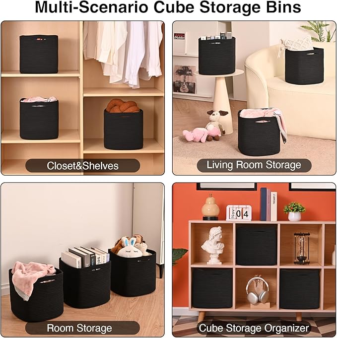 11 Inch Cube Storage Bins, Storage Cube Organizer Bins, Woven Cotton Rope Basket for Storage, Storage Baskets for Organizing Shelves, Square Baskets for Toys, Black (Pack of 3)-CasaMuseHome