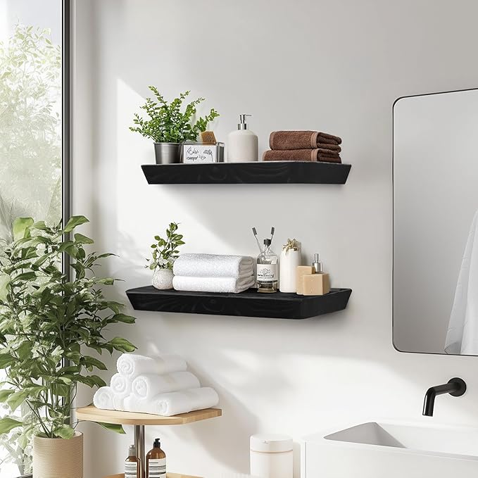 16"x6.8"x1.6" Slanted Floating Wall Shelves 2-Pack - Rustic Black Finish, Heavy-Duty Solid Wood Design with Hidden Brackets - Perfect for Living Room, Kitchen, Bathroom, or Office-CasaMuseHome