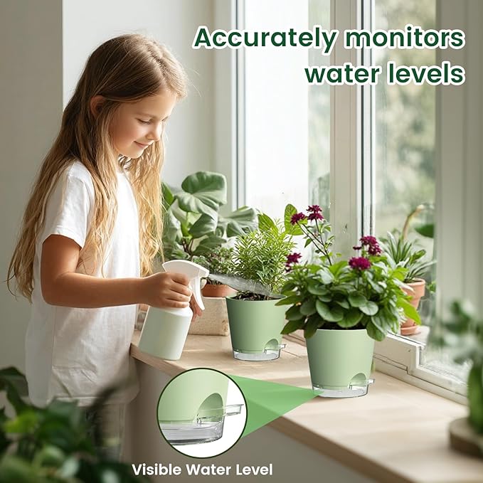 6 inch Self Watering Pots for Indoor Outdoor Plants, 3 Pack Flower Plant Pots with Drainage Holes and Clear Reservoirs, Visible Water Level, Plastic Planters with Wicking Rope, Green-CasaMuseHome