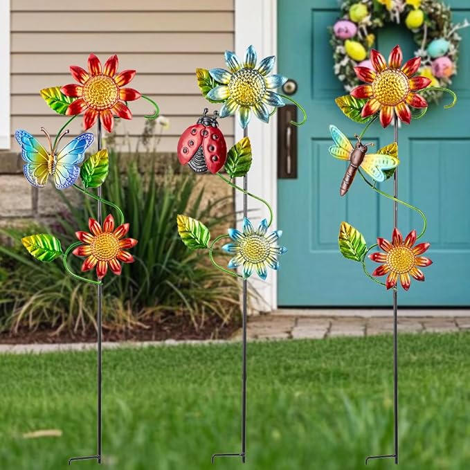 3 Pcs Sunflower＆Butterly＆Ladybug＆Dragonfly Decorative Garden Stakes,23.5 in Metal Sunflower Yard Art for Outside Decor,Spring Outdoor Decor for Mom,Women,Grandma-CasaMuseHome