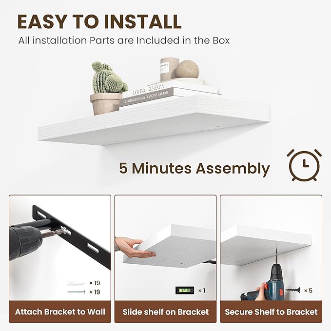 36 Inch Floating Shelves, 12 Inch Deep Floating Shelves for Wall, Floating Shelf with Invisible Brackets, Large Deep Wall Shelves for Bathroom, Bedroom, Living Room, 2 Pack, White-CasaMuseHome