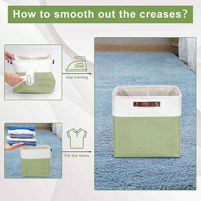 13x13 Cube Storage Bins, Collapsible Fabric Storage Box, 4 Pack Closet Baskets with Handles for Organizing, Shelf, Toys, Clothes, Home, Office, Nursery (Green&White)-CasaMuseHome