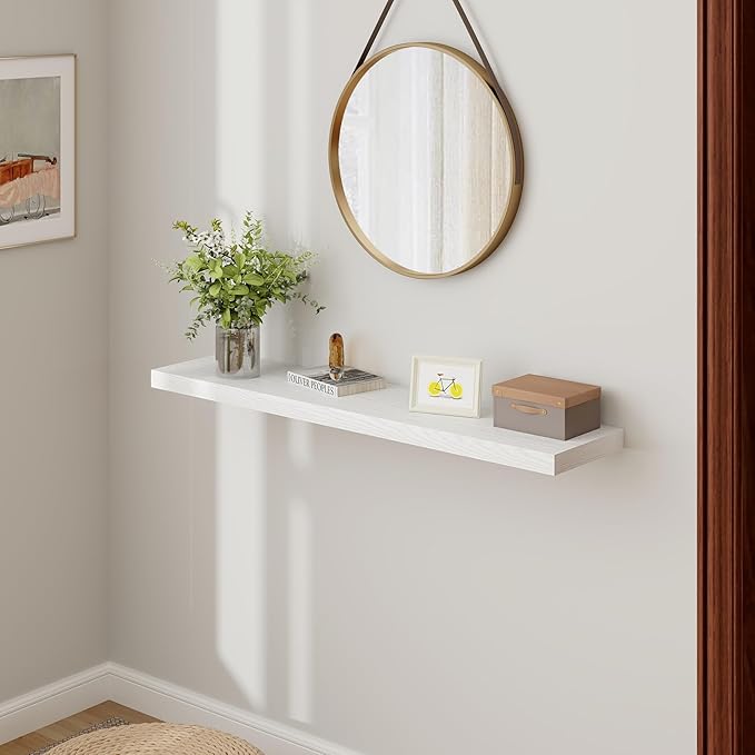 48 Inch Floating Shelves White, Rustic Wood Floating Shelf Wall Mounted, 9 Inch Deep Floating Shelf for Kitchen, Bedroom, 48 x 9 Wall Shelves for Home Storage, Set of 1-CasaMuseHome