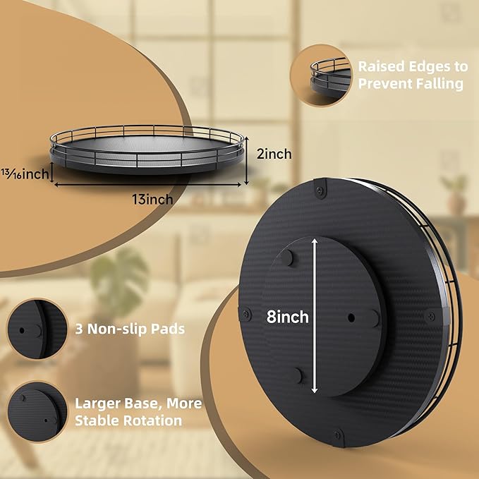 13" Lazy Susan Turntable Organizer for Table Top, Round Wooden Lazy Susan for Cabinet Kitchen Decor Centerpieces Coffee Table, Storage Condiments Spices, Bathroom Vanity Tray for Soap, Black-CasaMuseHome