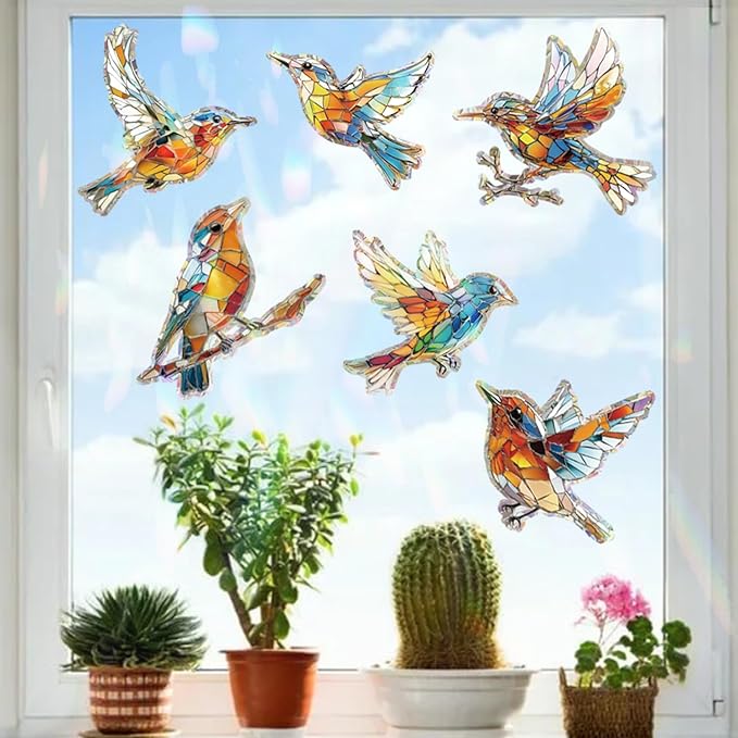 12pcs Window Decals for Bird Strikes, Anti Collision Window Clings, Rainbow Reflection Window Sticker, Hummingbird Style Sun Catcher Stickers for Glass Windows-CasaMuseHome