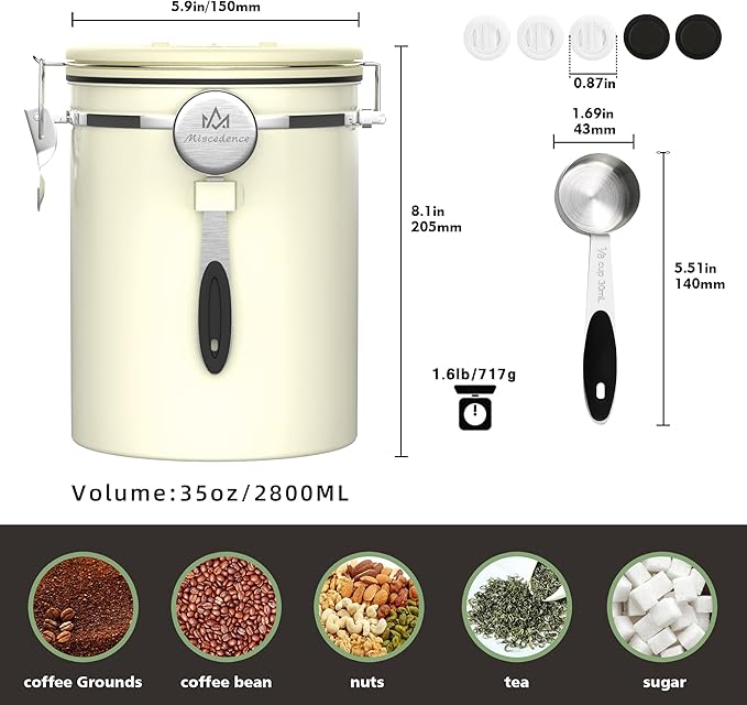 35OZ Coffee Canister for ground coffee with Date Tracker,beige 304 Stainless Steel Kitchen Food Airtight storage container for Coffee Beans or Grounds, Tea, Sugar-CasaMuseHome