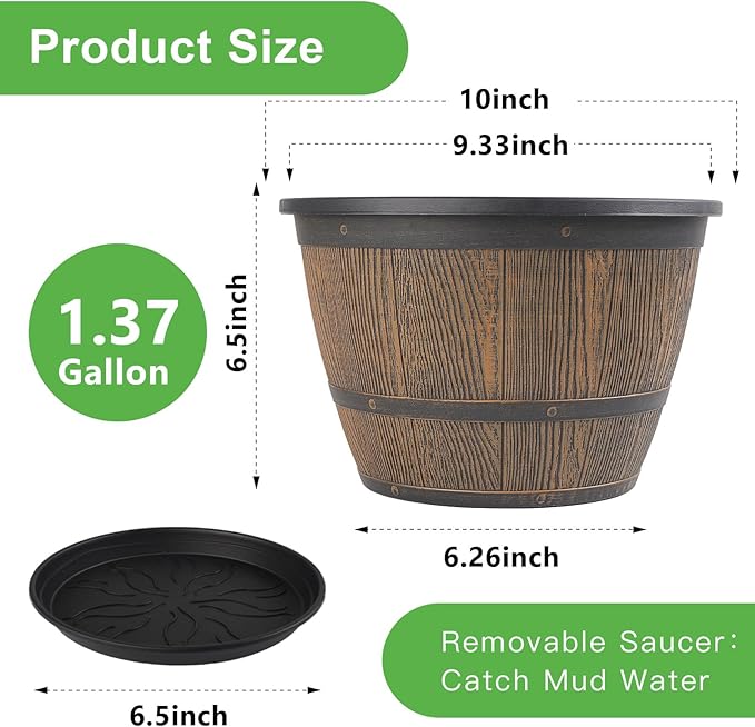 10-inch-Plant-Pots-Indoor-Outdoor, 4 Pack Whiskey Barrel Planters with Drainage Holes & Saucer, Plastic Flower Pots Imitation Wine Barrel Design, Decorative Garden Pots for Plants-CasaMuseHome