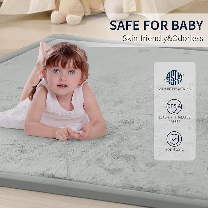 ACOMOPACK Baby Play Mat for Floor 1.3" Thick Memory Foam Play Mat 71"×79" Tummy Time Crawling with Non-Slip Bottom for Living Room,Nursery,Soft Velvet Playpen Mats for Kids,Infants（Light Grey）-CasaMuseHome