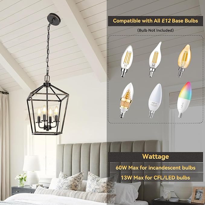 4 Light Chandelier Lighting, Industrial Ceiling Light Black Lantern with Brushed Gold, Geometric Metal Hanging Light Fixture with Adjustable Chain, E12 Base for Entryway Kitchen Island, Indoor Use-CasaMuseHome