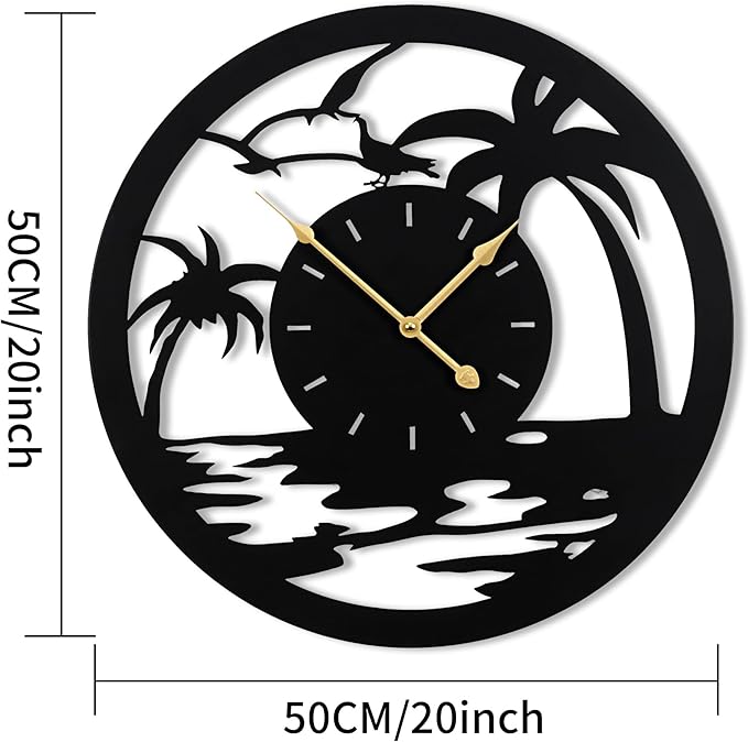 20inches/50cm Wall Clocks Palm Tree Battery Powered No Ticking Silent Round Black Modern Unique Metal Wall Clocks Suitable Living Room Kitchen Bedroom Fireplace Office Farmhouse。-CasaMuseHome