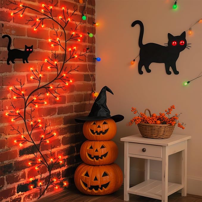 7 Ft Halloween Decorations Willow Vine Twig Garland with 8 Modes Timer 63 LED Orange Lights, Halloween Garland with Waterproof Battery Operated for Wall Fireplace Decorations Indoor Outdoor-CasaMuseHome