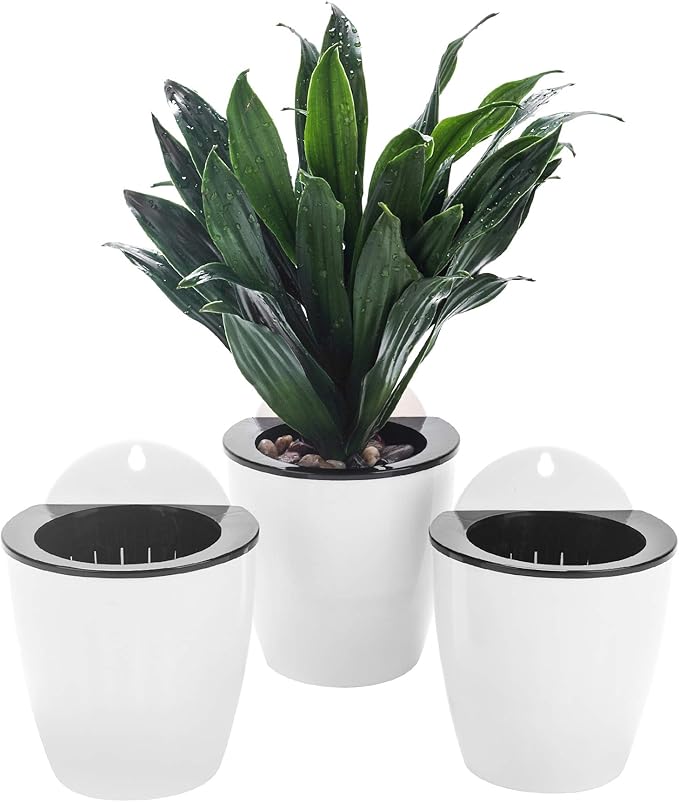 3 Pack Self Watering Wall Hanging Planter Pots Vertical Garden Window Hang Mount Indoor Outdoor Plant Flower Basket for Kitchen Herbs Balcony Railing Shelf Fence Bedroom Trellis Decor Modern White Box-CasaMuseHome