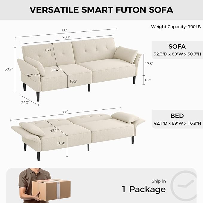 89” Futon Sofa Bed, Linen Comfy Futon Couch Bed with 2 Square Pillows, Convertible Sleeper Sofa with Adjustable Backrest& Armrests, Modern Loveseat Sleeper for Living Room, Bedroom, White-CasaMuseHome