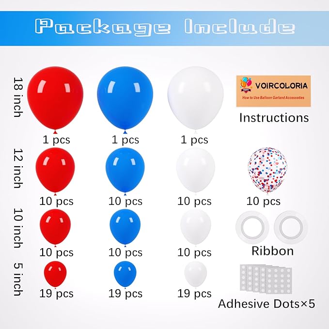 130pcs Red White Blue Balloons Different Sizes 18" 12" 10" 5" Party Latex Balloons for Birthday Graduation 4th of July Independence Day Anniversary New Year Holiday Party Decorations-CasaMuseHome