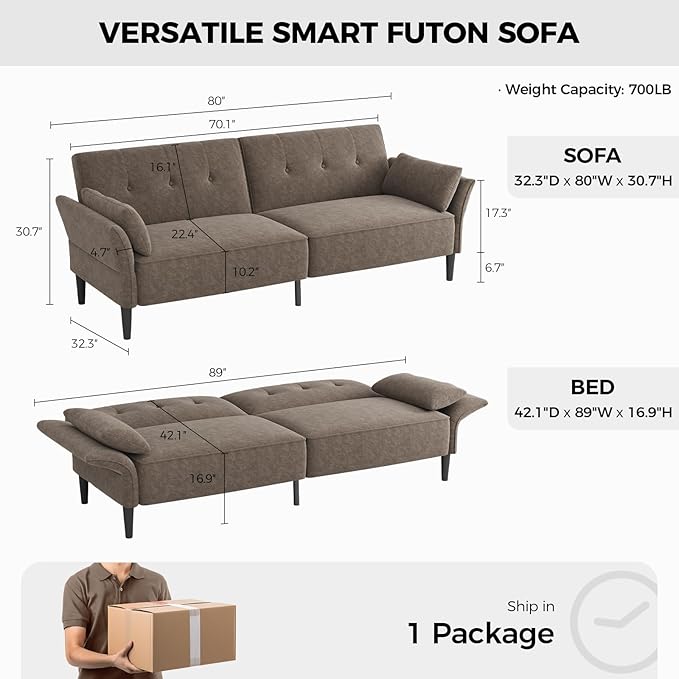 89” Futon Sofa Bed, Comfy Futon Couch Bed with 2 Square Pillows, Convertible Sleeper Sofa with Adjustable Backrest& Armrests, Modern Loveseat Sleeper for Living Room, Bedroom, Light Brown-CasaMuseHome
