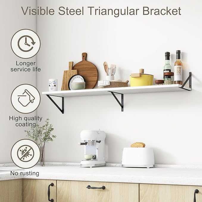 12 Inch Deep Floating Shelves, White Floating Shelves 48W x 12D, Deep Wall Shelves Bracket Set of 2, Large Display Hanging Floating Shelf for Bathroom, Living Room, Wide Storage Wooden Wall Shelf-CasaMuseHome