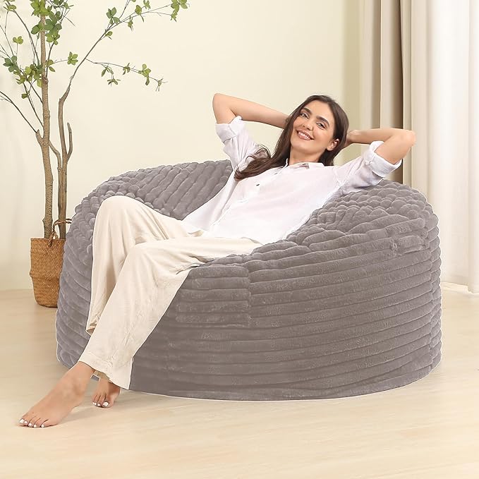 4FT Memory Foam Bean Bag Chair for Adults/Teens, Bean Bag Sofa with Fluffy Removable Cover, for Living Room Bedroom, Grey-CasaMuseHome