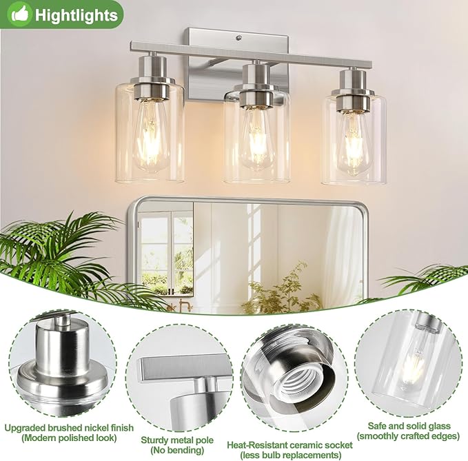 3-Light Bathroom Light Fixtures, Brushed Nickel Vanity Lights with Clear Glass Shades, Modern Bathroom Wall Lamp for Mirror Living Room Cabinet Bedroom Porch-CasaMuseHome