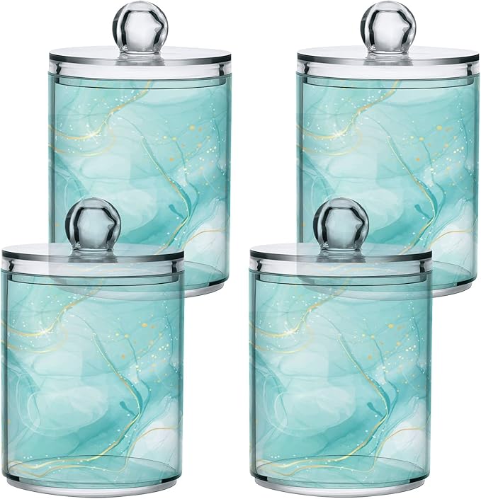 2 Pack Qtip Holder Dispenser Turquoise Marble Bathroom Storage Canister Lid Acrylic Plastic Apothecary Jar Set Vanity Makeup Organizer for Cotton Swabs/Pads/Floss-CasaMuseHome