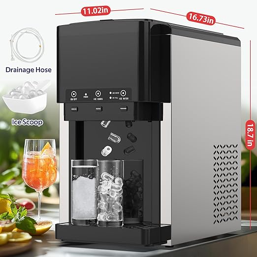3 in 1 Water Dispenser with Ice Maker, Nugget Ice Maker Countertop, Bullet Ice, Crushed Ice, Water Cooler, 44Lbs/24H, 12 Ice Cube/6Min, Self-Cleaning, 4Lbs Ice Storage, Home, Kitchen, Party, RV-CasaMuseHome