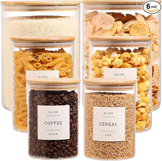 6-Pack Borosilicate Glass Storage Jars with Bamboo Lids + 132 Pre-Printed Pantry Labels Included, BPA-Free Thicken Airtight Containers for Flour, Sugar, Rice, Microwave & Freezer Safe(100OZ/54OZ/27OZ)-CasaMuseHome