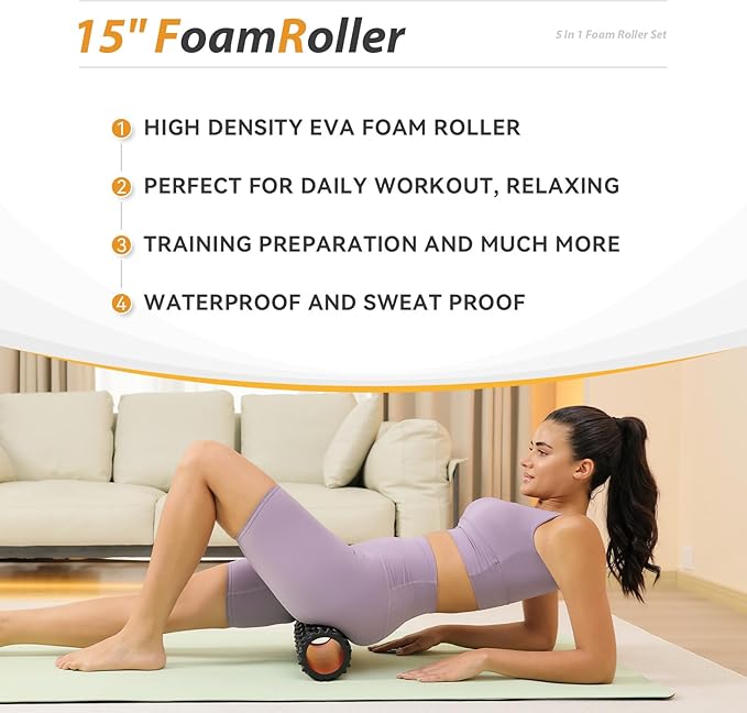 5 in1 Foam Roller Set, Trigger Point Foam Roller, Massage Roller Stick, Massage Ball, Resistance Band for Deep Muscle Massage Pilates Yoga,Fitness Exercise for Whole Body (Pure Black)-CasaMuseHome