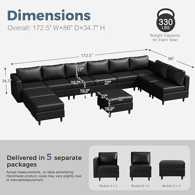 ABCASA Oversized 172.5" Faux Leather Modular Sectional Sofa, Modern Large 11 Seater U Shaped Couch with Storage Seat with Reversible Chaise Deep Seat for Living Room DIY Combination - Black-CasaMuseHome