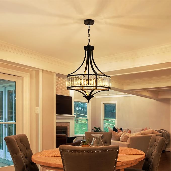 20" Modern Farmhouse Crystal Chandeliers for Dining Room, 5-Light Black Antique Pendant Chandelier, Contemporary Hanging Light Fixture for Living Room Bedroom Foyer Kitchen Island Entryway-CasaMuseHome