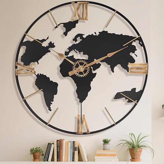 30 Inch Large Modern Decorative Metal World Map Wall Clocks Giant Extra Vintage Gold Roman Numeral Oversized Wall Clock for Living Room,Office,Dining Room,Entryway,Fireplace-CasaMuseHome