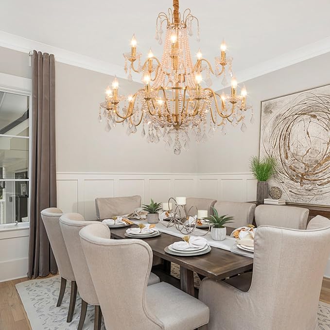 40" Large Brass Crystal Chandeliers,Gold Brushed Brass Chandelier for High Ceiling Living Room Dining Room Staircase Hallway Entryway Foyer(15-Light, Bulb Included)-CasaMuseHome