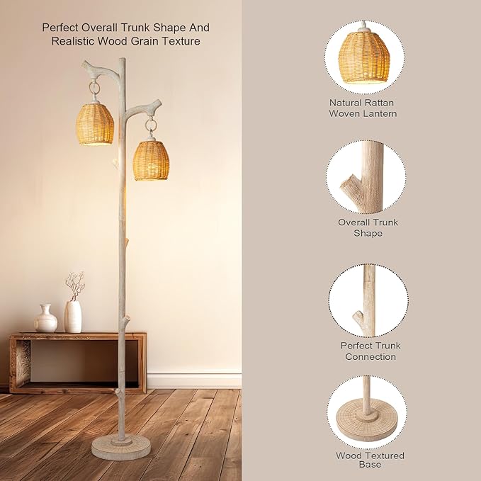 68" High Farmhouse Rustic Country Cottage Floor Lamp Tree Trunk Faux Wood Column White Washed Wicker Drum Shade Decor for Living Room Bedroom Reading Room-CasaMuseHome