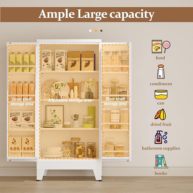 51" Metal Kitchen Pantry Cabinet, Storage Cabinets with 2 Door and 3 Adjustable Shelves, White Freestanding Food Storage Cabinet, Steel Cupboard for Kitchen Dinning Room-CasaMuseHome